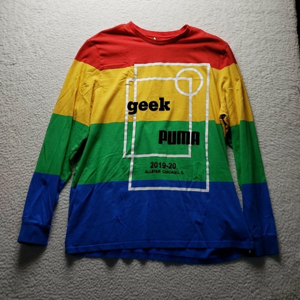Puma Shirt Mens 2XL Multicolor Geek Rainbow Striped Graphic Long Sleeve Tee